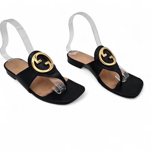 Gucci GG Logo Blondie Thong Sandal Flat Slide Black Leather Gold Size 36 US 6 - Picture 1 of 10